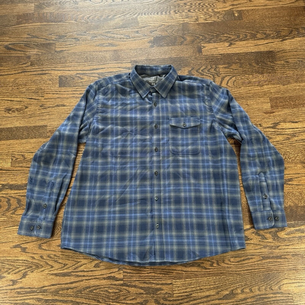 George Blue Plaid Button Up Mens Flannel Shirt Size XL Long Sleeve